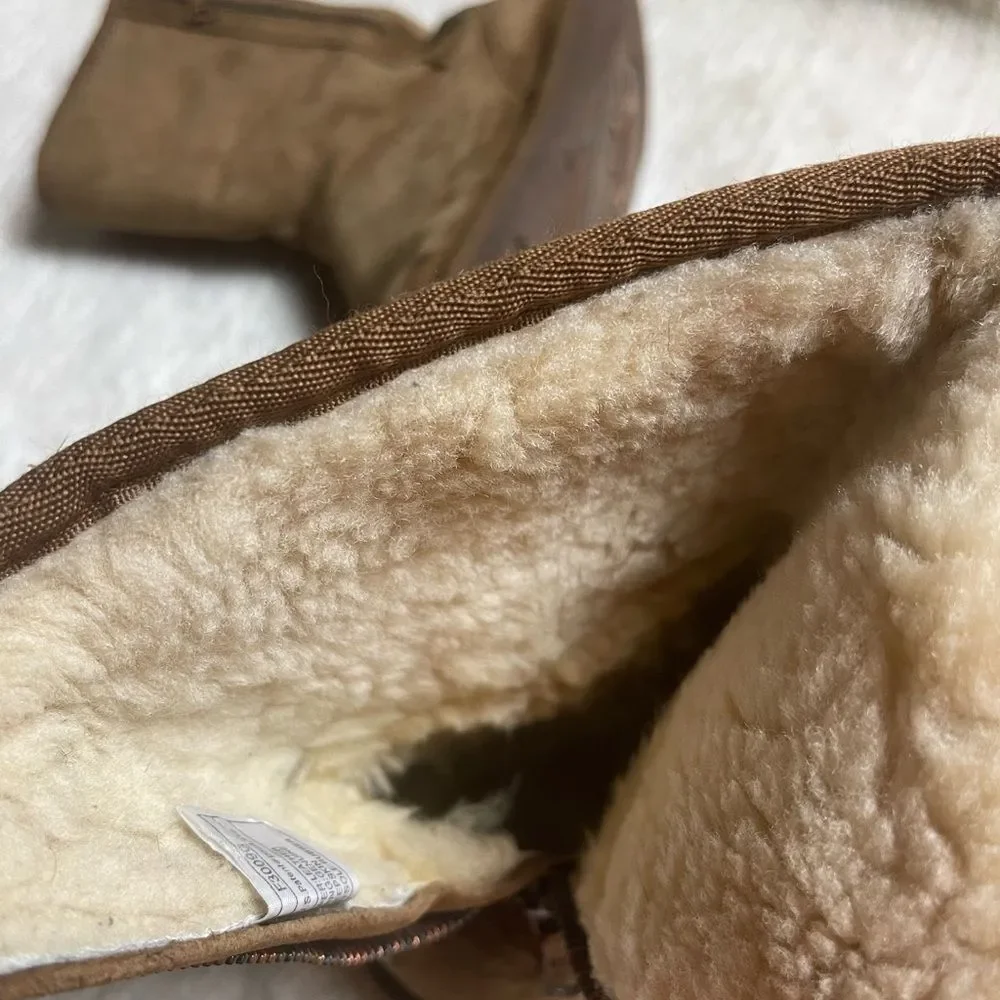 UGG Australia Mayfair Brown Suede Shearling Boots SZ6 side zipper rubber soles.